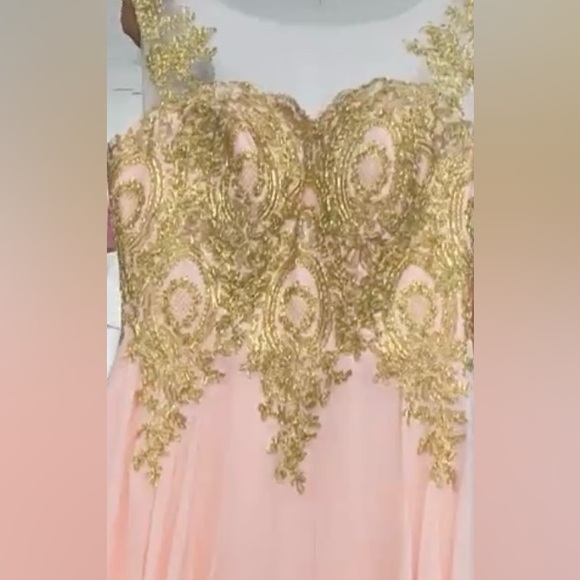 New Sheer Bateau Neck Long A Line Gold Lace Chiffon Prom Dress Evening Dresses - Picture 5 of 6